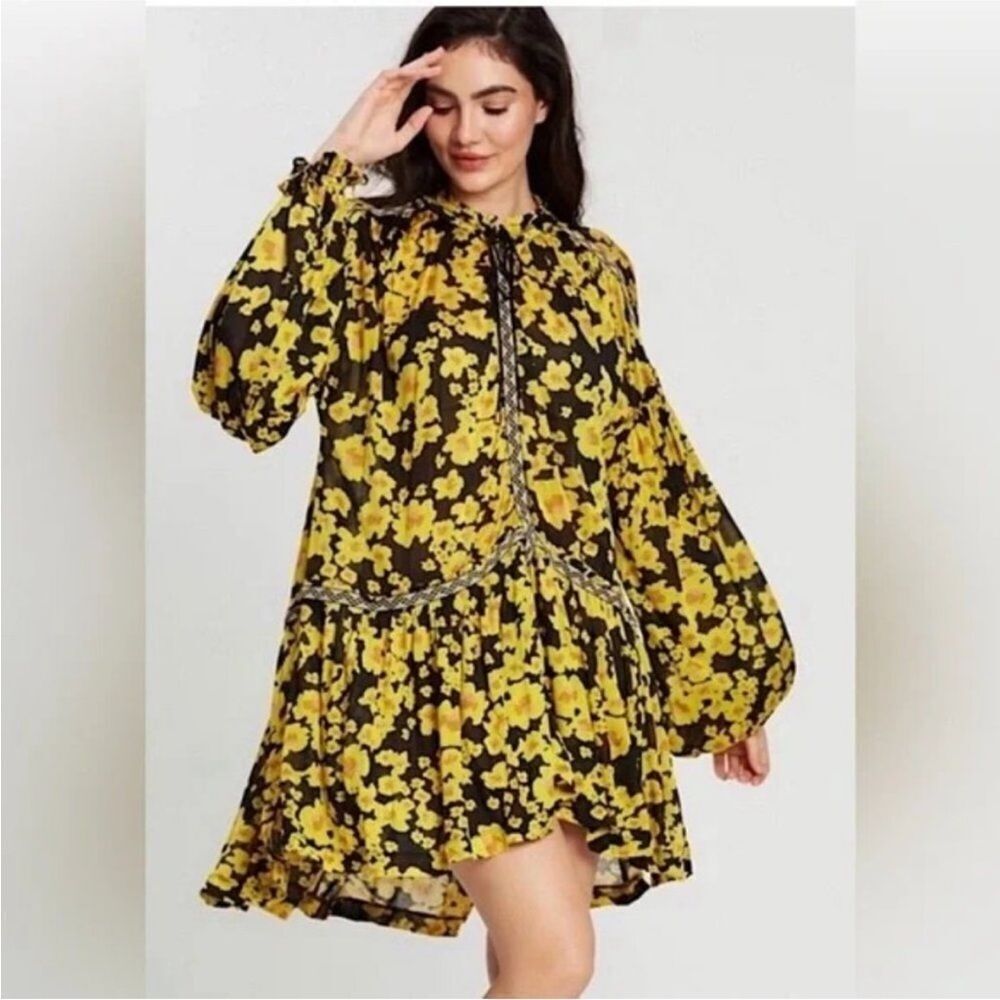 Free People Love Letter Floral Oversized Tunic Black Yellow Combo Size Small